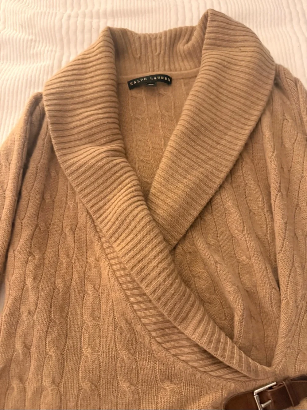 Ralph Lauren Tan Cashmere Cable-Knit Shawl Collar Cardigan with Buckle Tabs